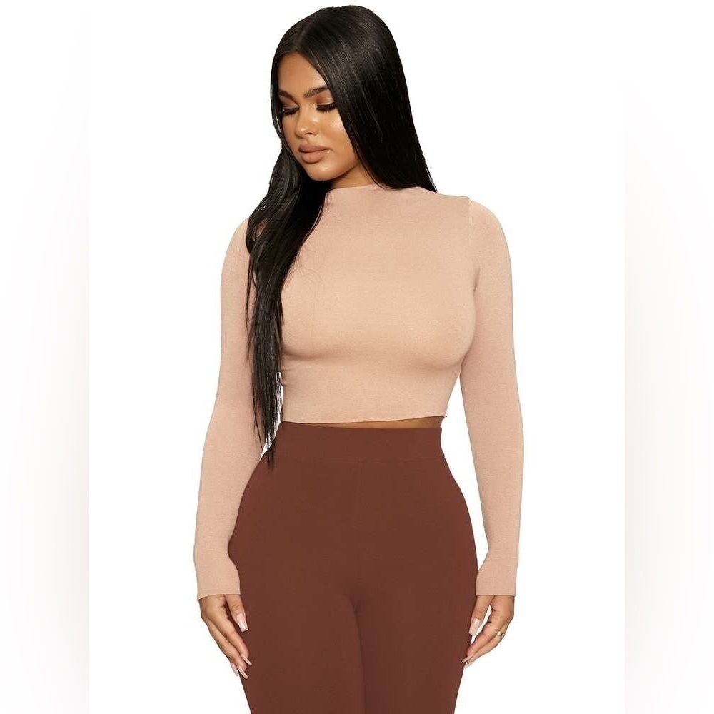 NWOT NAKED WARDROBE the nw mock neck long sleeve crop top Tan - Picture 4 of 9
